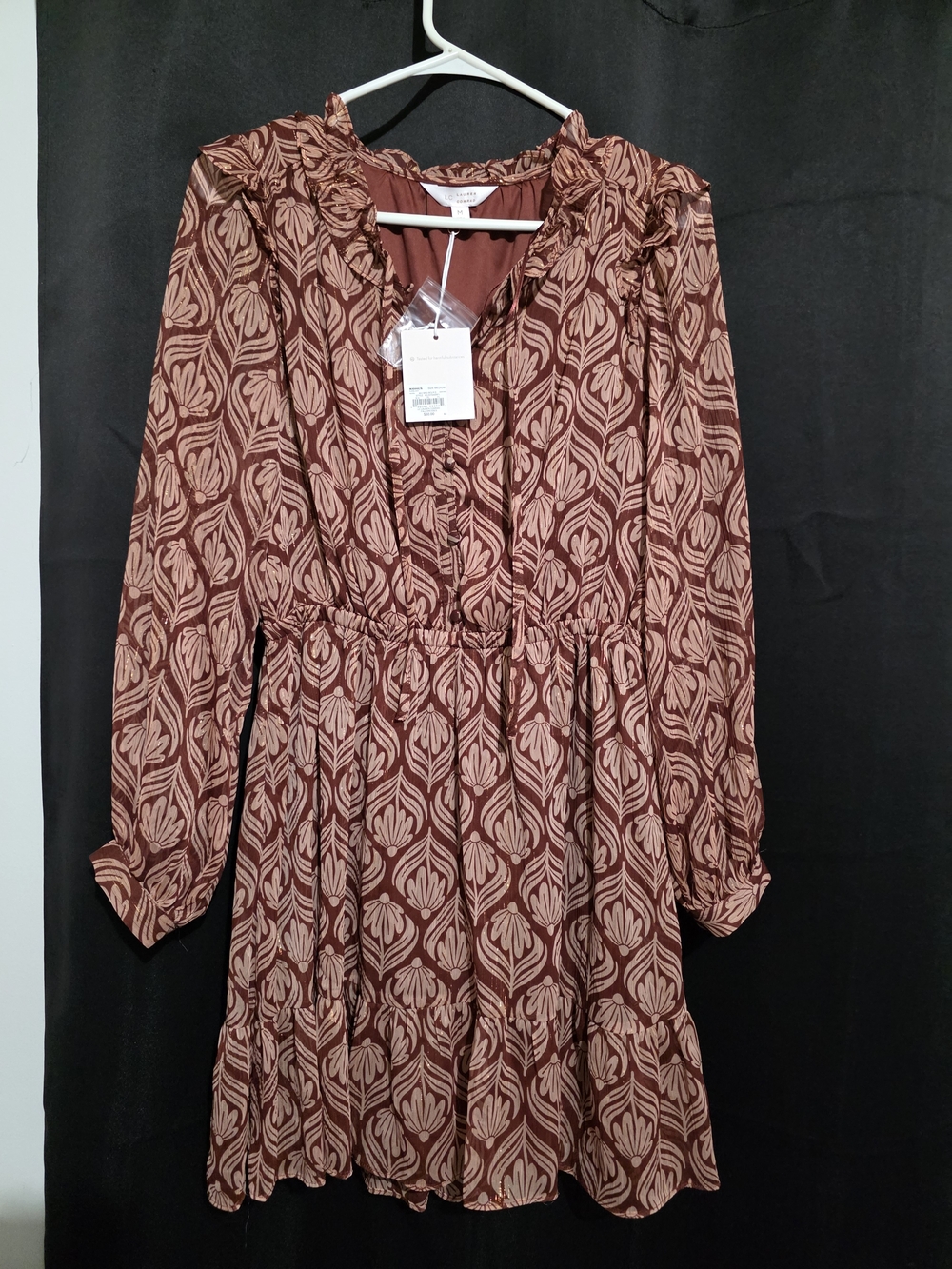 LC Lauren Conrad Rust and Cream Long-Sleeve Printed Dress